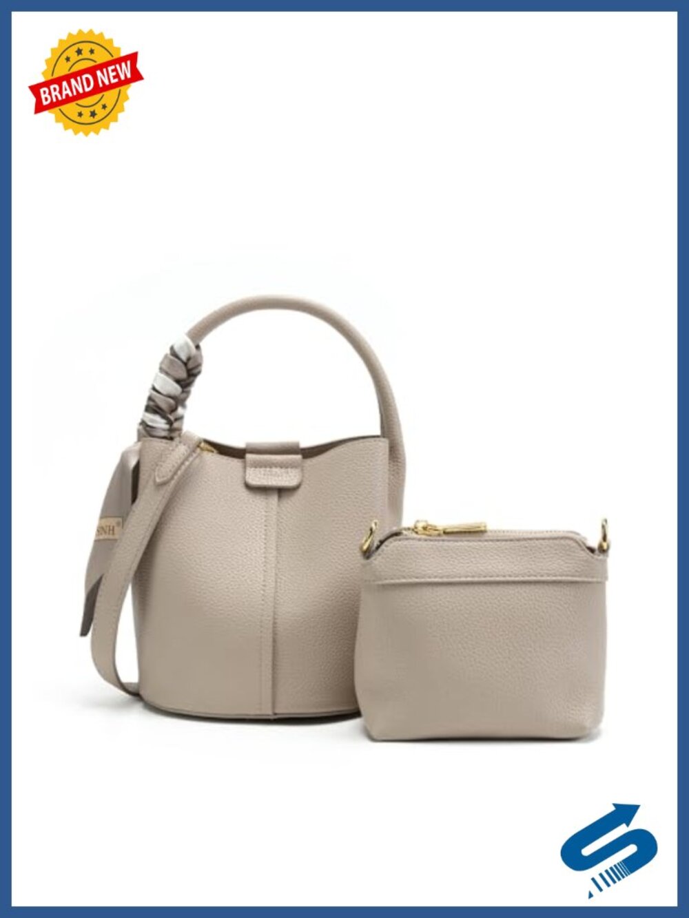 Vegan Leather Bucket Purse Mini Crossbody Bag with Pouch Strap Scarf